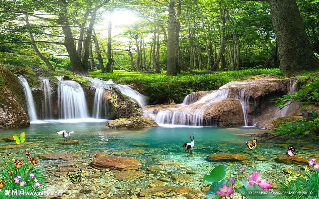 瀑布山水风景画