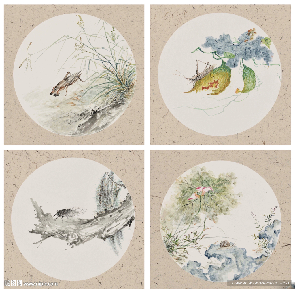 古典小四副花鸟虫鱼中式装饰画