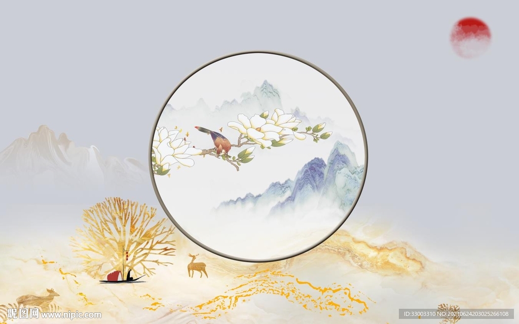 圆形新中式山水背景墙