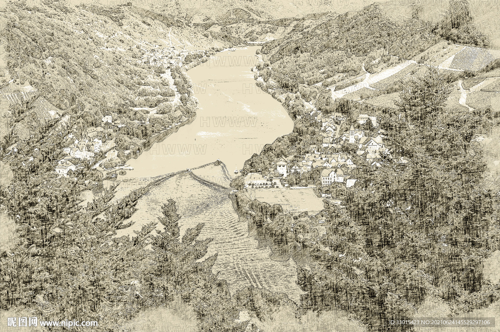 山川河流手绘插画装饰画
