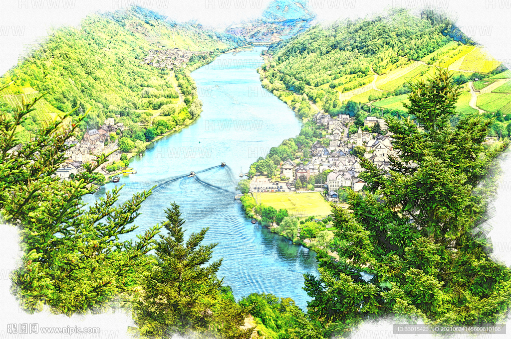 山川河流手绘插画装饰画