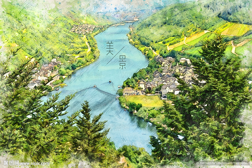 山川河流手绘插画装饰画