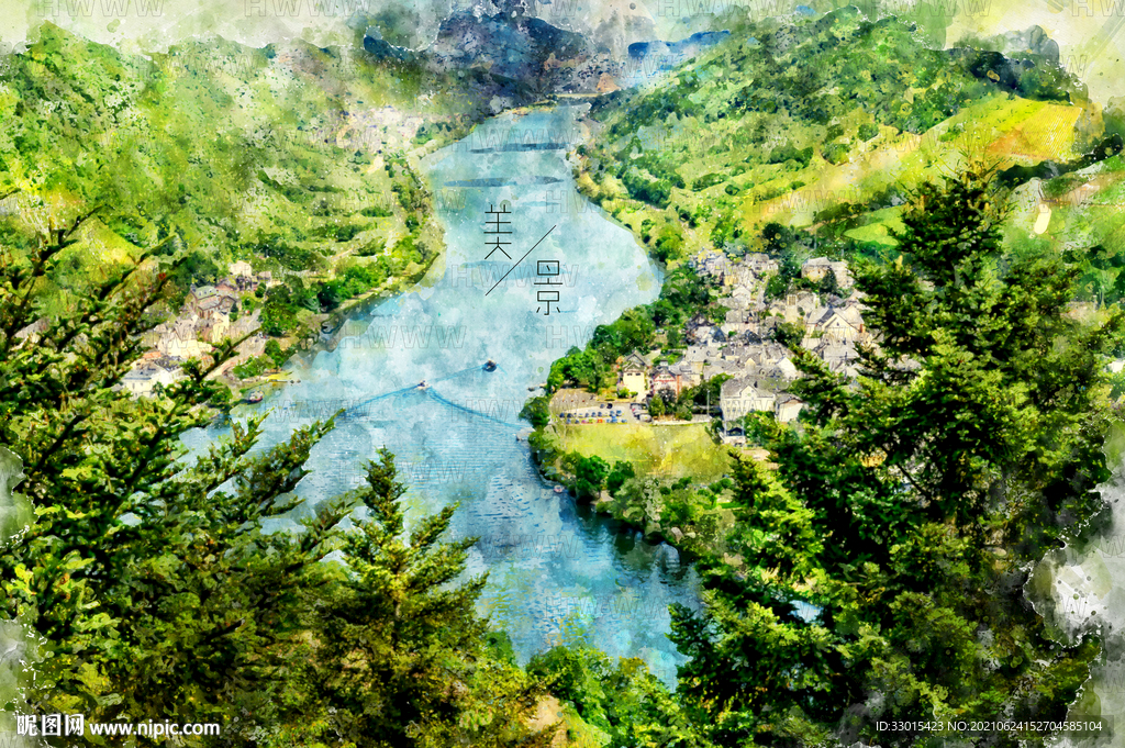 山和河流手绘插画装饰画