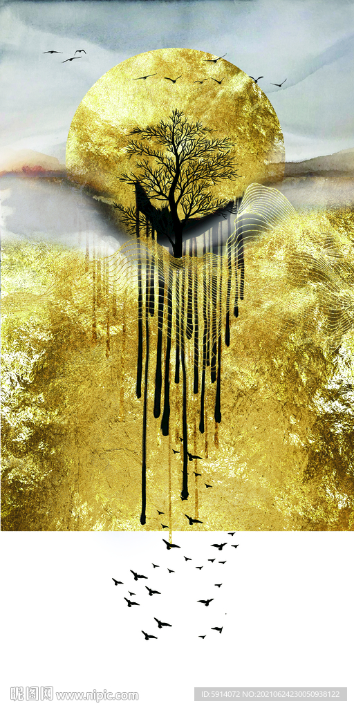 装饰画 抽象画 线条 金色树