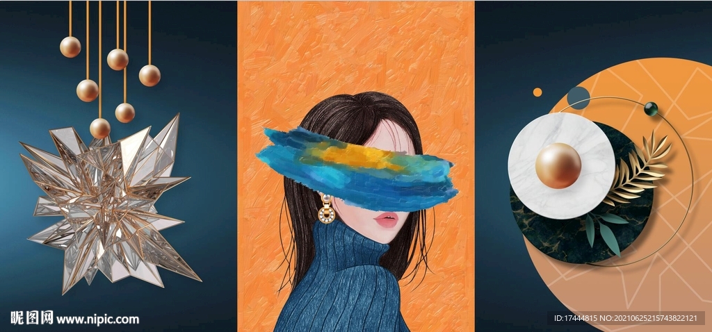 轻奢美女几何珐琅彩装饰画三联画