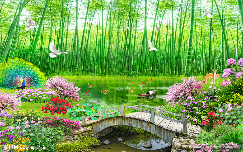 竹林竹报平安风景背景墙