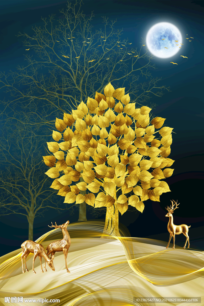 金色发财树麋鹿 玄关装饰画