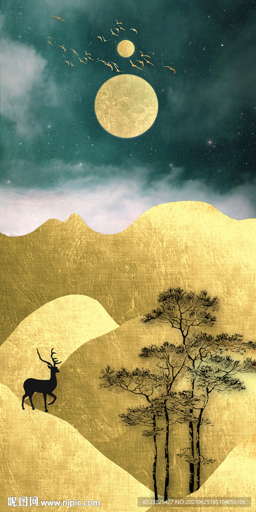新中式金色抽象山水麋鹿 装饰画