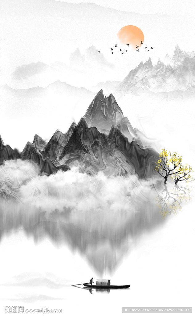 新中式水墨山水意境玄关装饰画