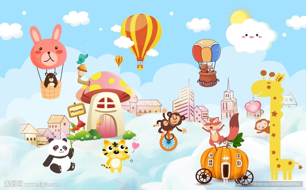 卡通天空云朵动物背景墙