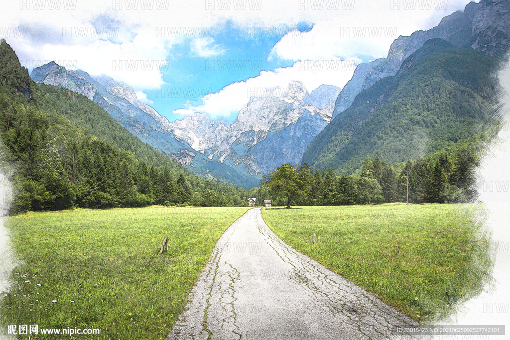 大山草地道路手绘插画装饰画