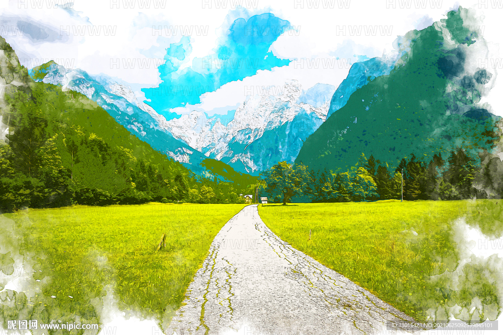 大山草地道路手绘插画装饰画