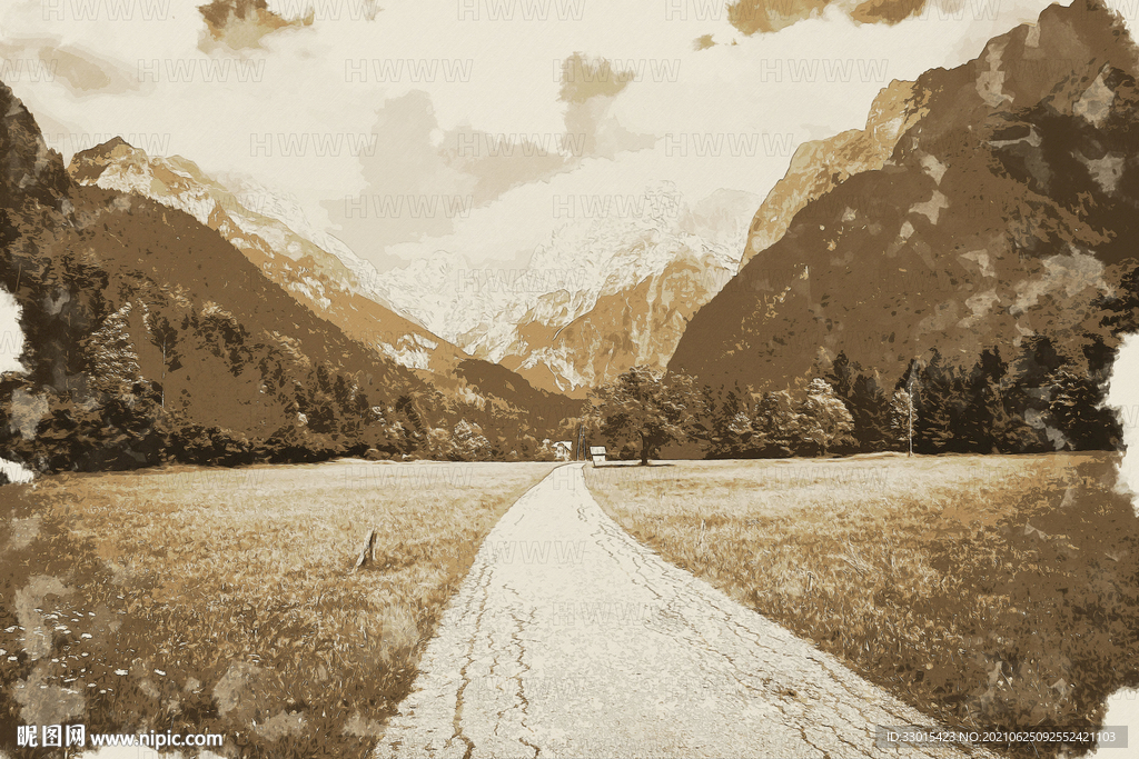 大山草地道路手绘插画装饰画