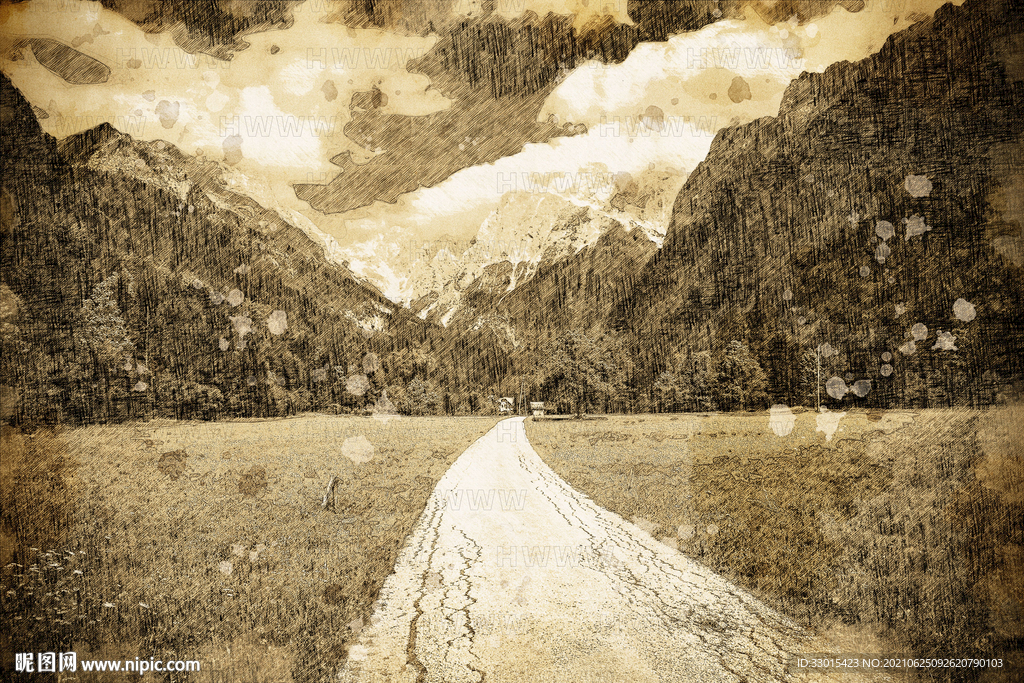 大山草地道路手绘插画装饰画