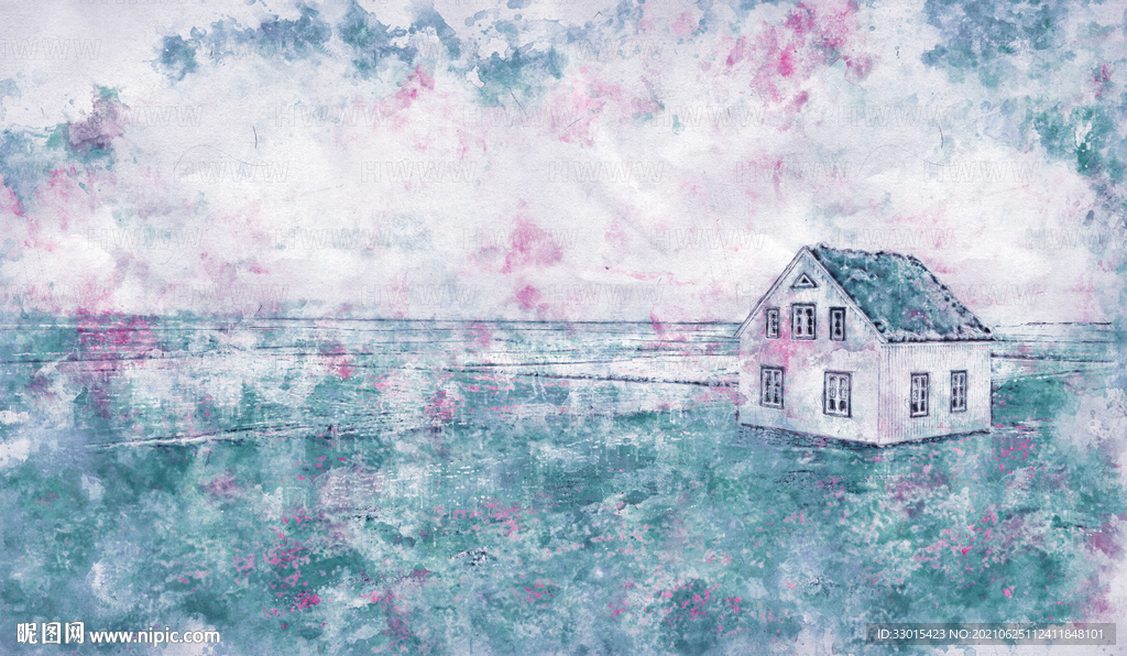草原房子手绘水彩插画装饰画