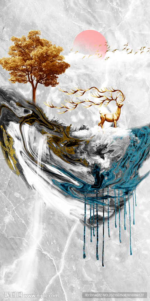 装饰画 抽象画 线条 麋鹿 树