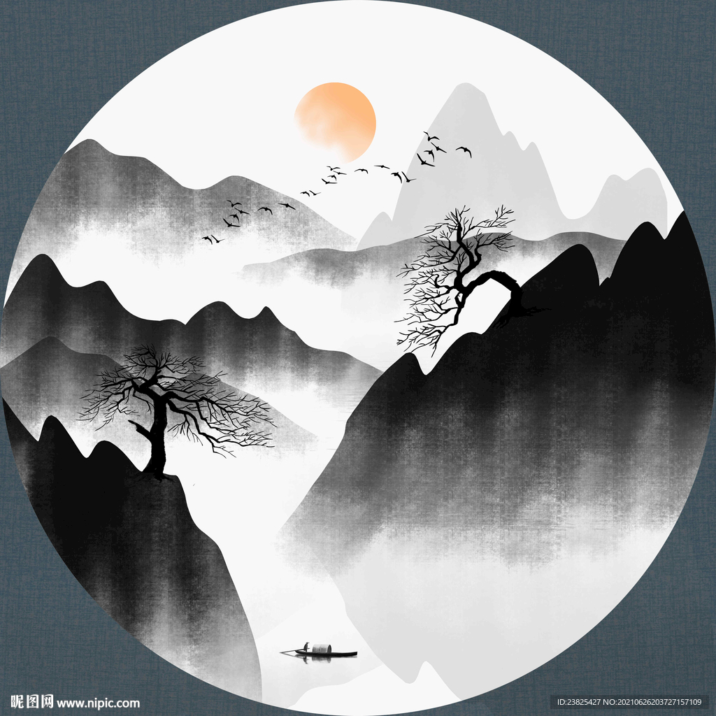 新中式水墨山水意境圆形装饰画