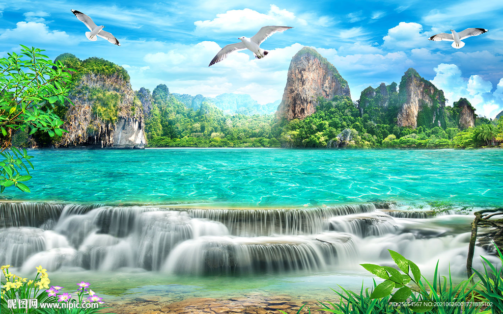 海滩流水生财背景墙