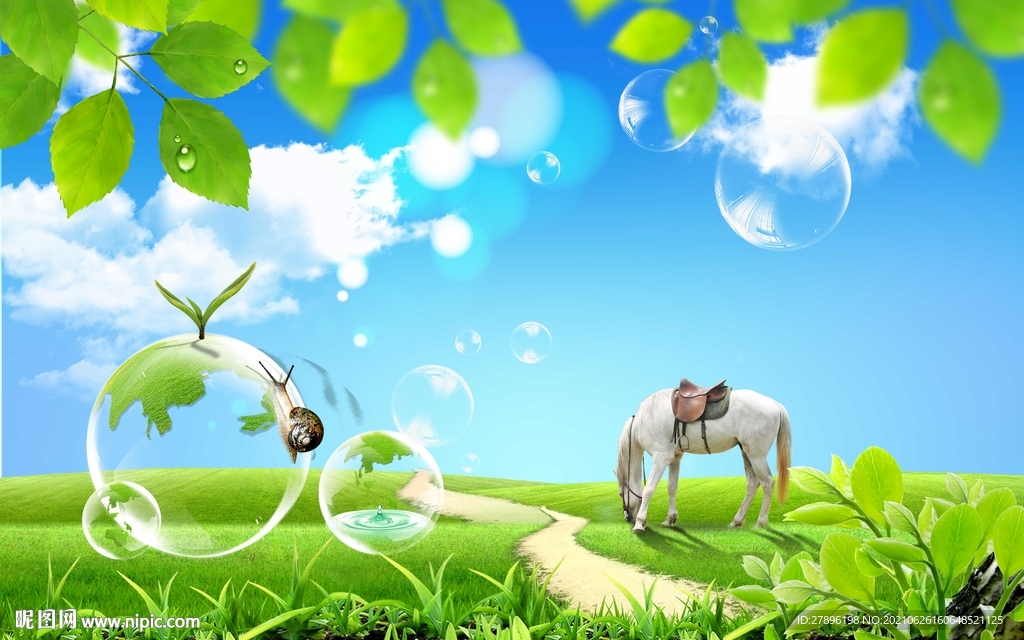 蓝天白云草地白马