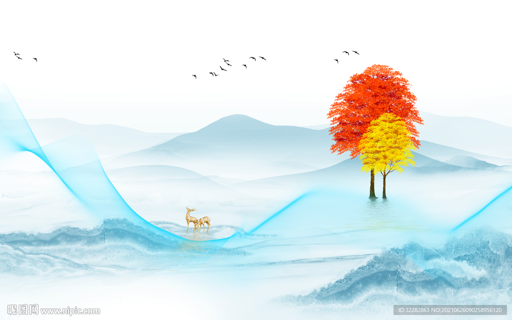 麋鹿新山水画 文件TIF分层