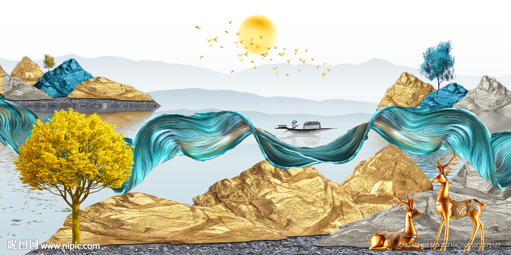 抽象线条飘带山水画装饰画