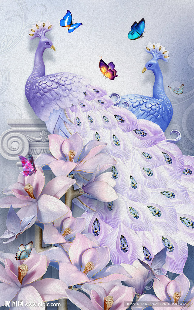 装饰画 孔雀 兰花 蝴蝶