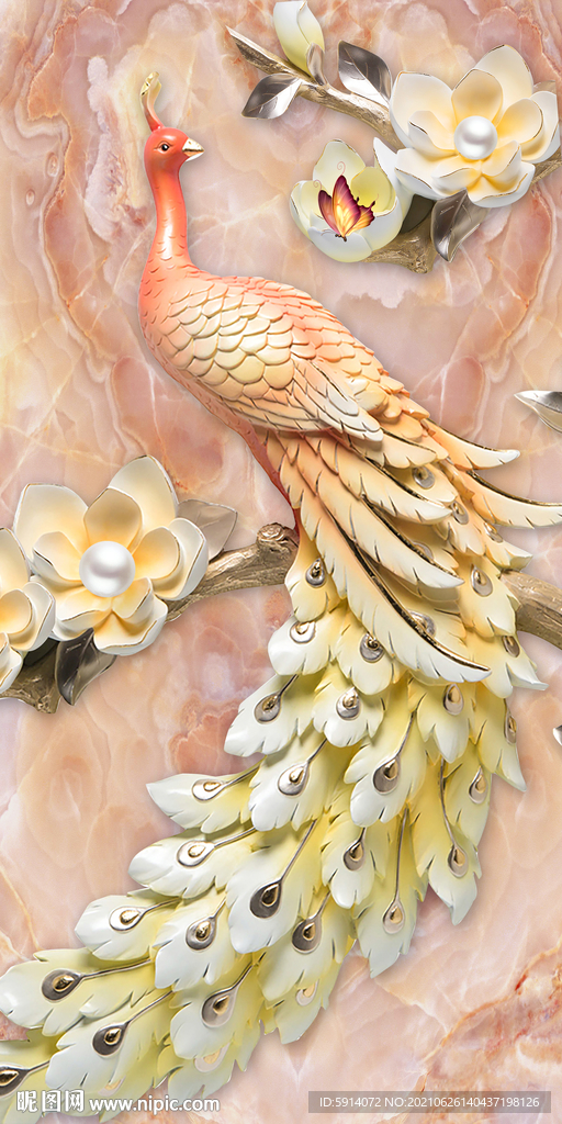 装饰画 孔雀 兰花 大理石纹