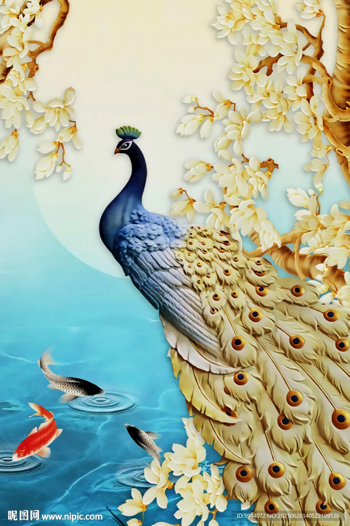 装饰画 孔雀 兰花 鱼