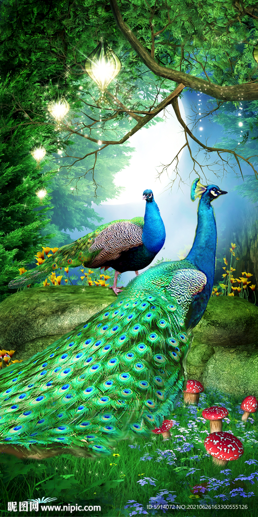 装饰画 孔雀 蘑菇