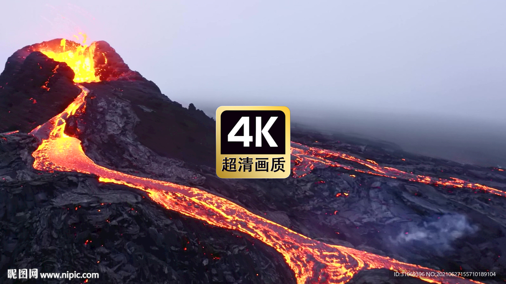 航拍火山爆发后流淌的岩浆