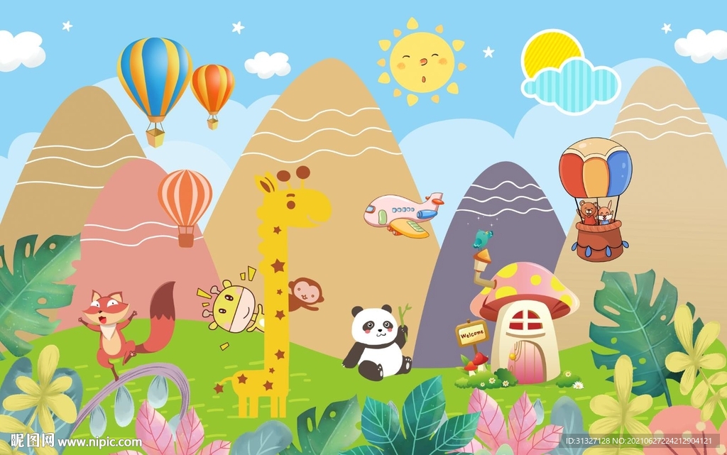 儿童动物夏天草地背景墙
