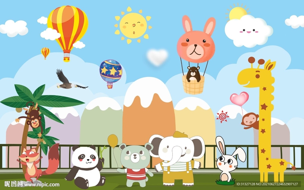 卡通动物欢乐彩虹山背景墙