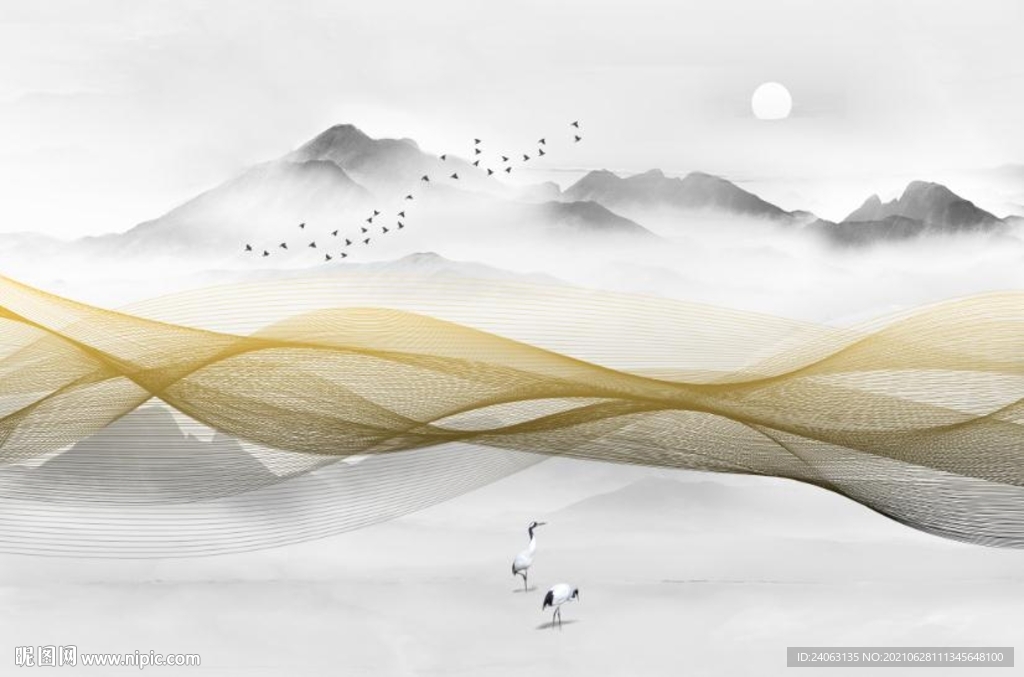 抽象线条山水画旭日东升背景墙