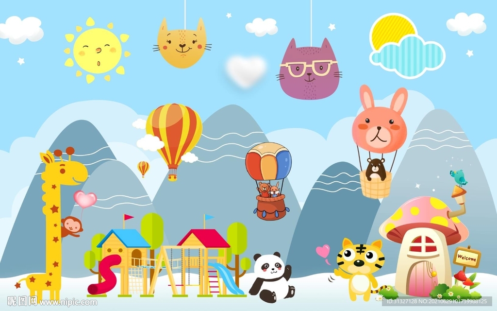 卡通热气动物乐园球背景墙