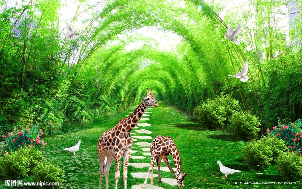 长颈鹿竹林背景墙