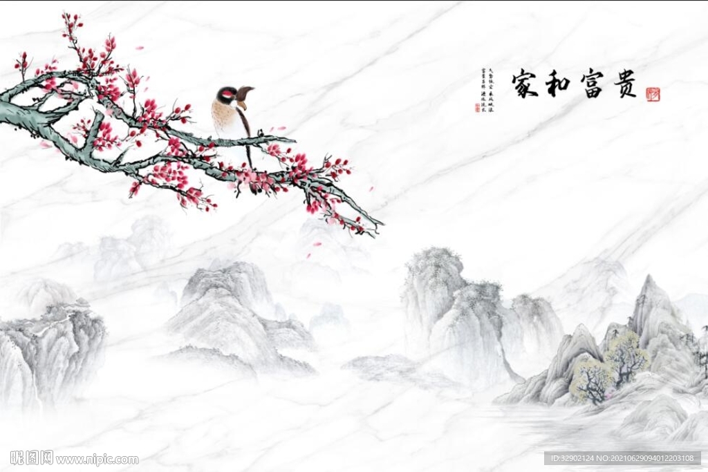 山水梅花喜鹊家和富贵背景墙