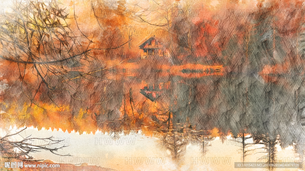 树林房子湖泊手绘素描素材装饰画