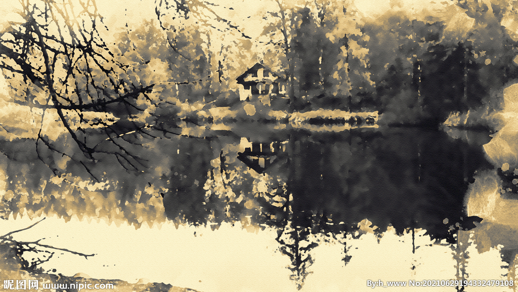 水墨树林房子湖泊手绘装饰画素材