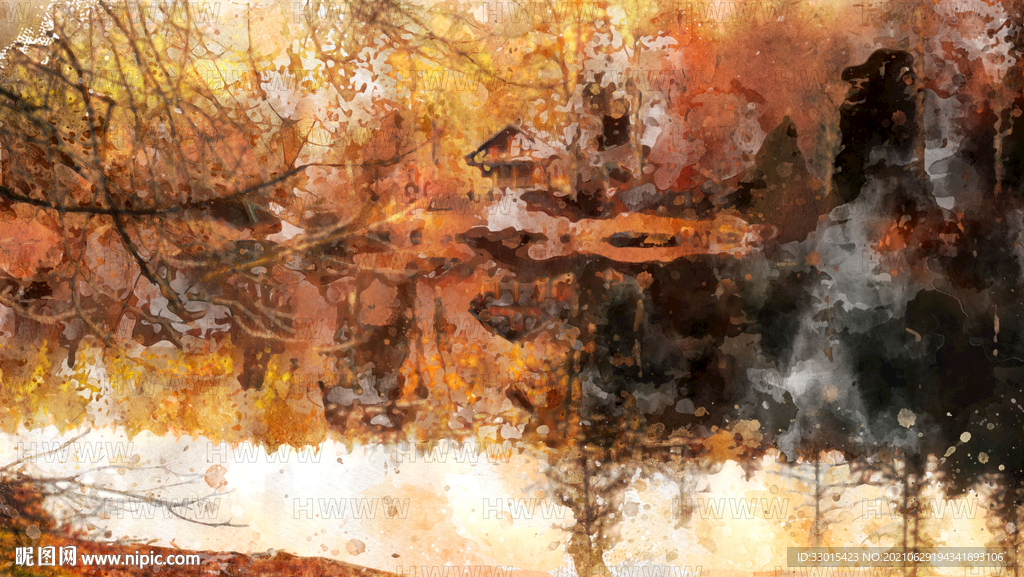 树林房子湖泊手绘抽象装饰画素材