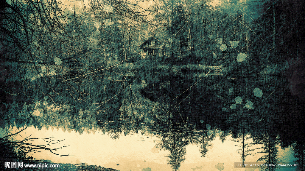 暗黑森林湖泊手绘素描插画装饰画