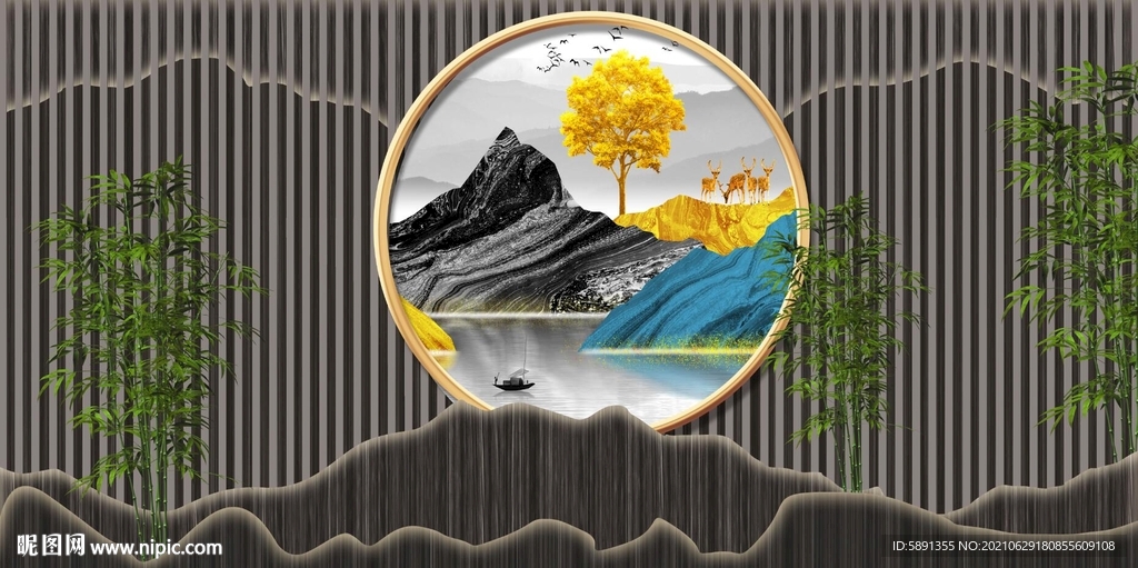 中式山水饭店背景墙