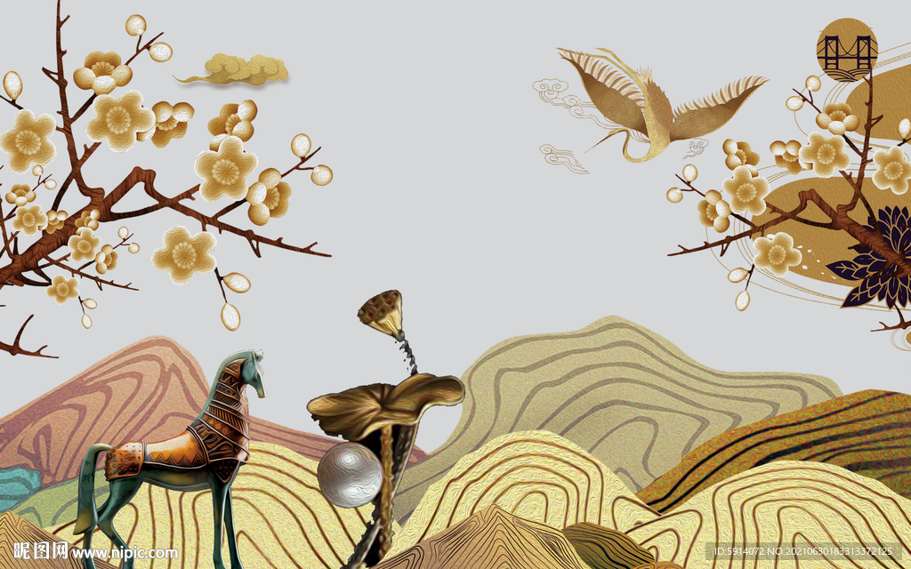 装饰画 梅花 荷花 仙鹤