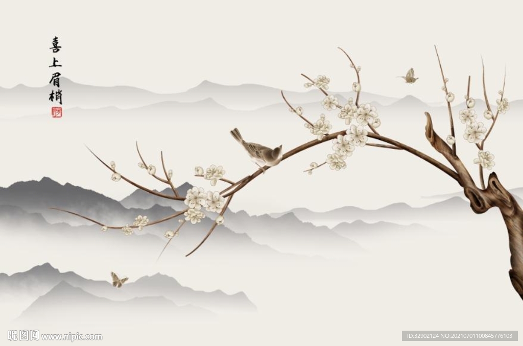 喜上眉梢花鸟客厅背景墙