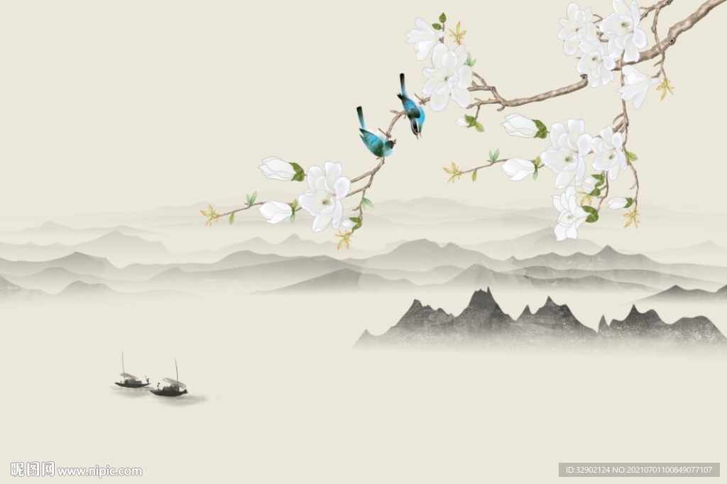 玉兰花鸟山水水墨江南春