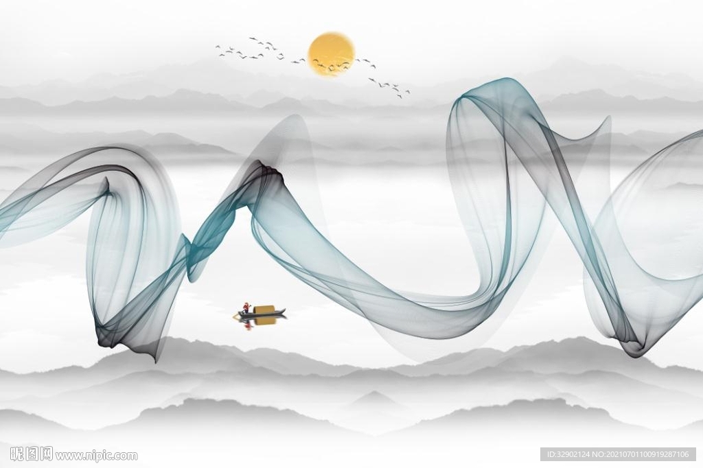 江南抽象线条山水画旭日东升