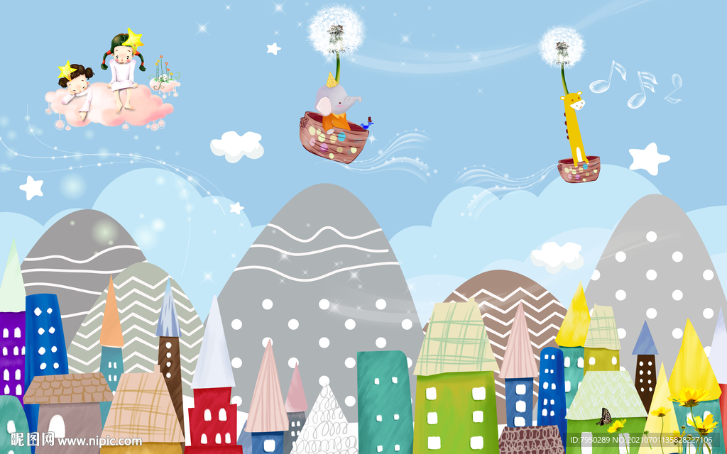 北欧手绘儿童房背景墙