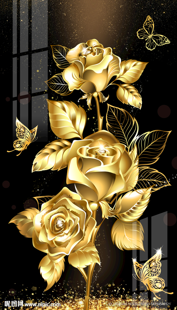 金色玫瑰花轻奢玄关背景墙