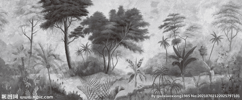 热带雨林大叶椰子树现代背景墙 