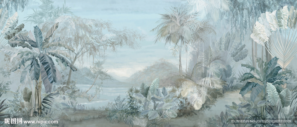 热带雨林大叶椰子树现代背景墙 