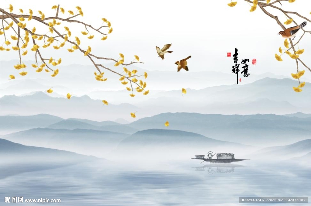 山水花鸟银杏吉祥如意背景墙